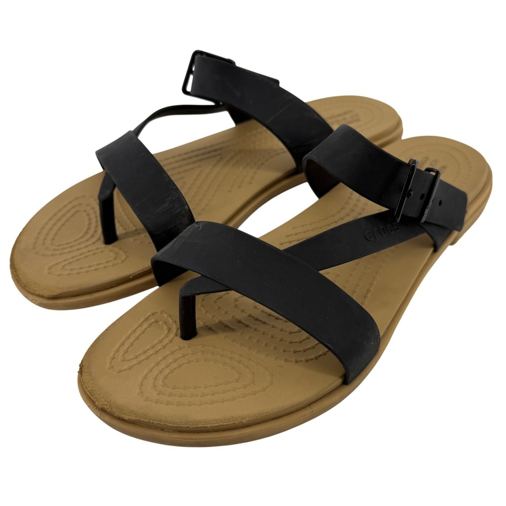 Crocs Tulum Toe Post Sandal Black Tan Women 7 Strappy Slip On Flip Flop Buckle